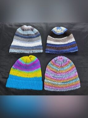 # Lot of 4 Hand Made Striped Knit Beanie Hats- Multicolor Stripes